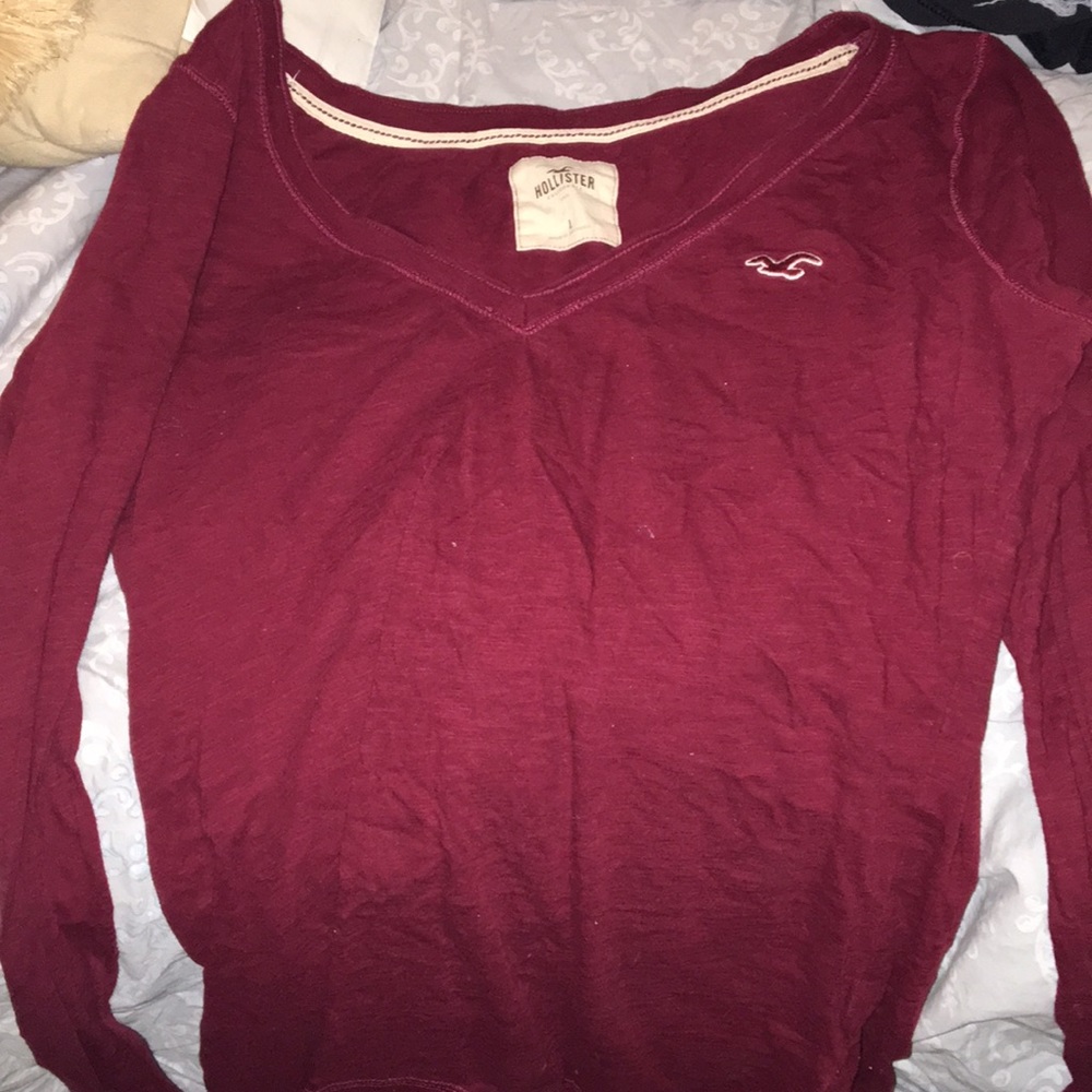 Large Hollister Burgundy V Neck Long Sleeve Shirt